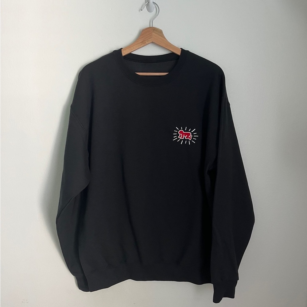 Black Red Pop Art Keith Haring Radiant Baby Embroidery Crewneck